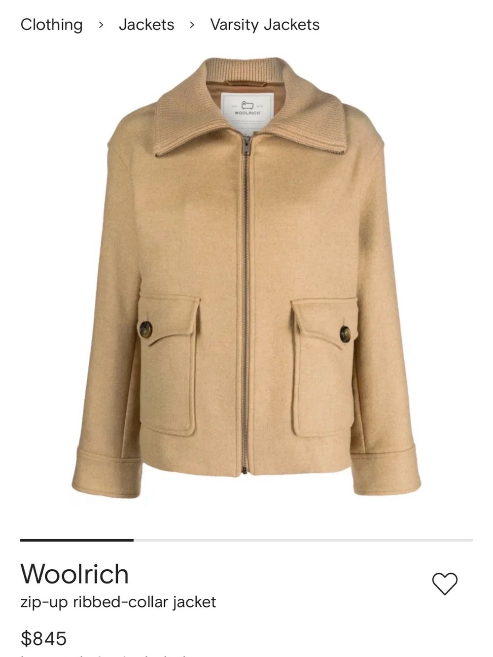 Woolrich Camel Zip-Up Ribbed-Collar Varsity Jacket in XS NWOT